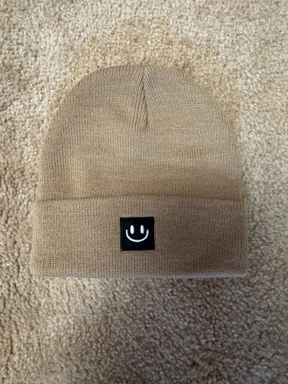 Kids Tan Knit Beanie with Smiley Patch